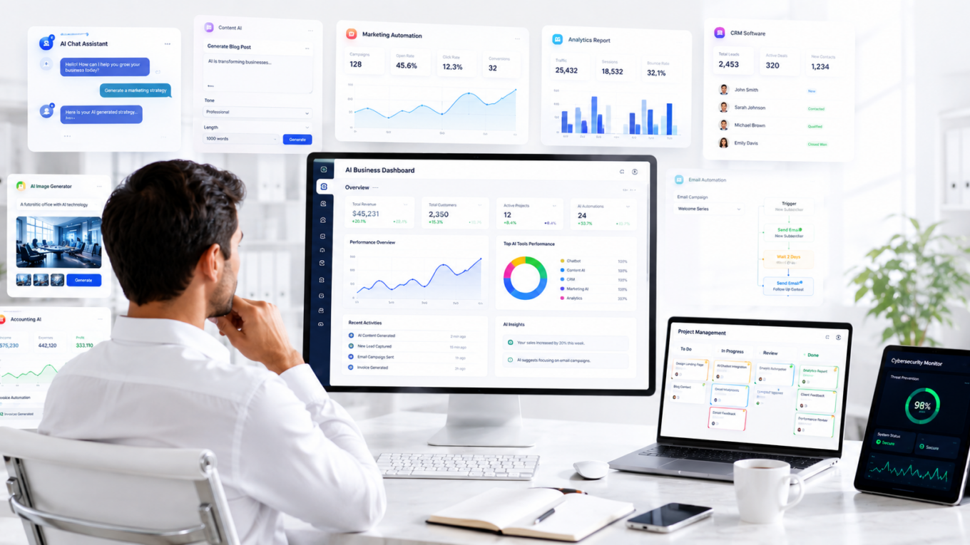 AI tools for small businesses helping with marketing, customer support, analytics, content creation, and automation in 2026