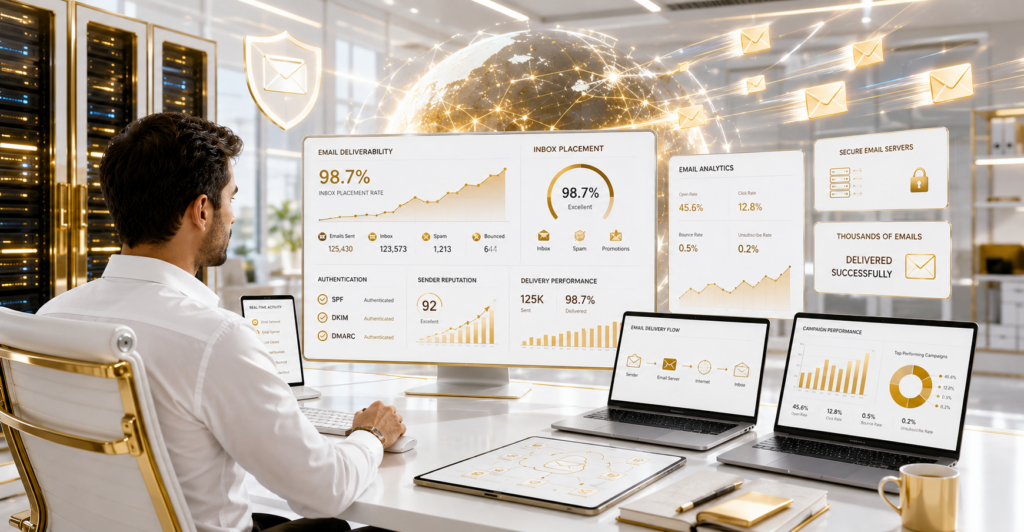 Email deliverability best practices showing inbox placement, email authentication, and sender reputation management in 2026