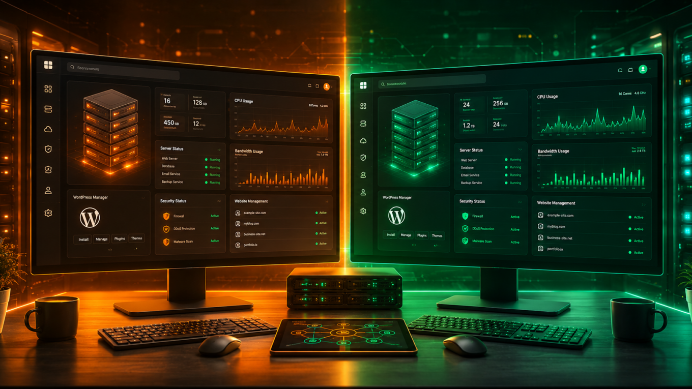 Plesk vs cPanel comparison showing hosting control panel features and server management tools in 2026