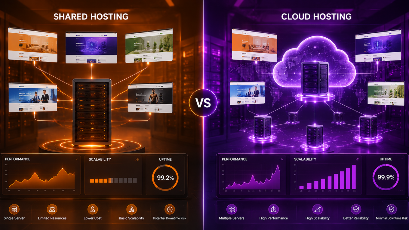 Shared hosting vs cloud hosting comparison showing performance, scalability, security, and hosting infrastructure differences