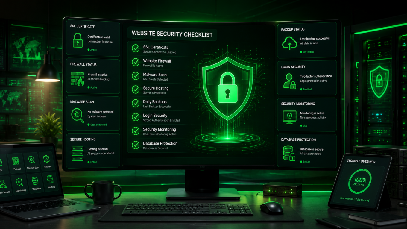 Website security checklist showing SSL protection, firewall security, malware scanning, backups, and cybersecurity measures in 2026