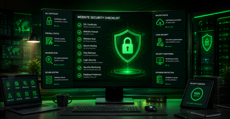 Website security checklist showing SSL protection, firewall security, malware scanning, backups, and cybersecurity measures in 2026